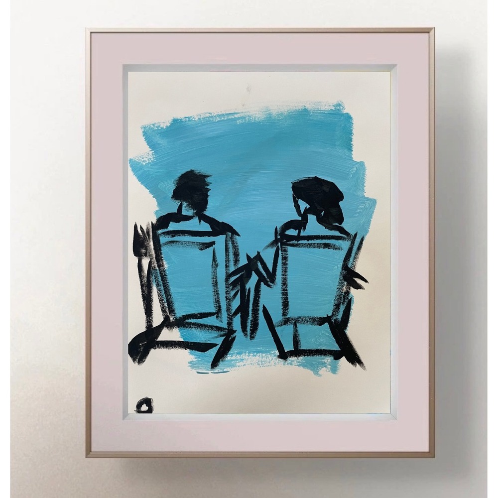 OMAN Original Painting Blue Abstract Figures Beach Chairs Spiritual Art 8.5x11
